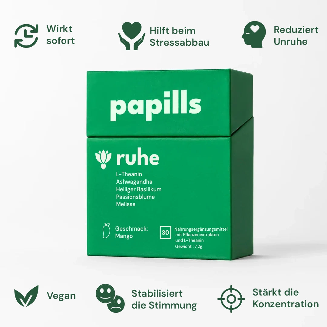 Papills Ruhe – Nahrungsergänzung mit L-Theanin, Ashwagandha und Pflanzenextrakten, Geschmack Mango