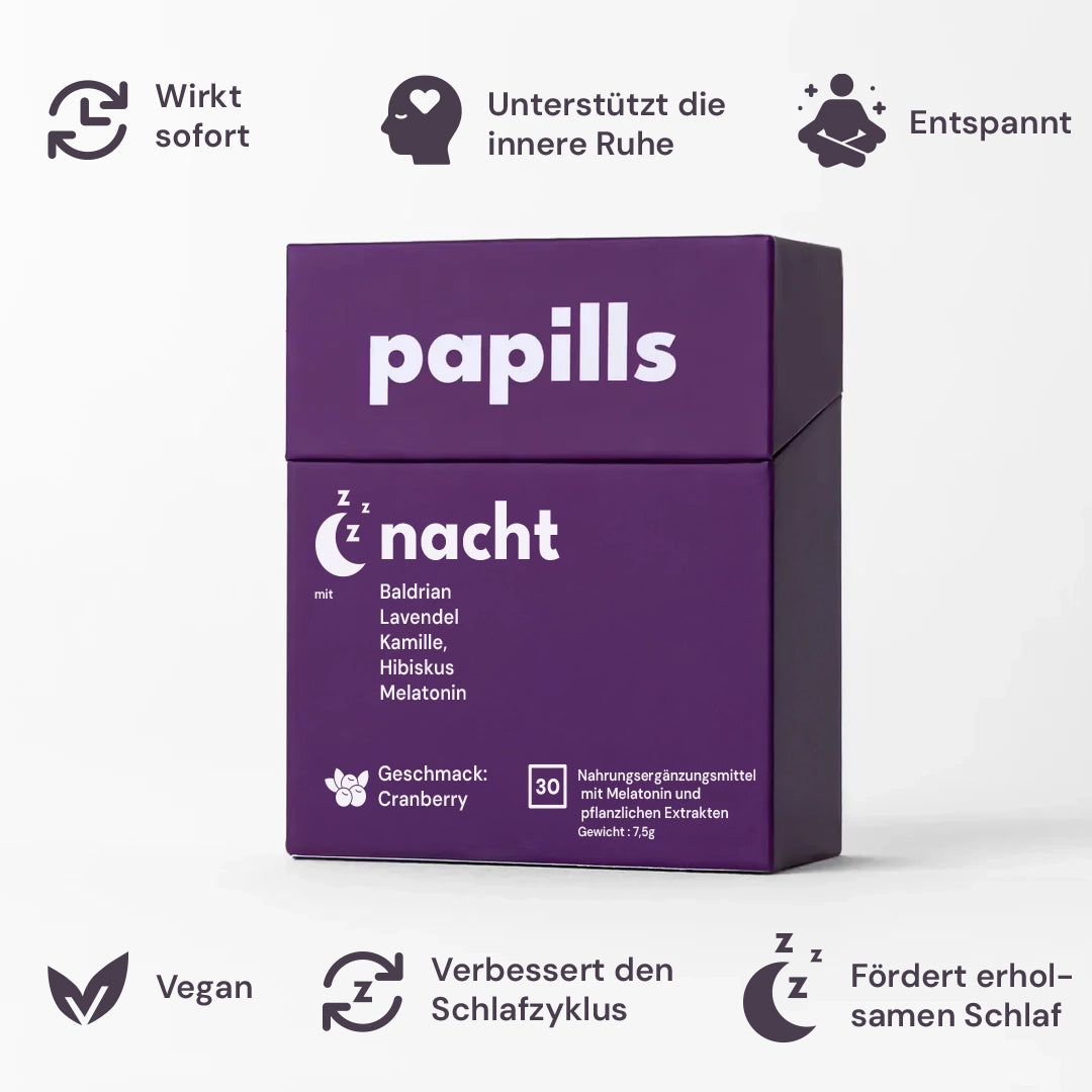 Papills Nacht – Nahrungsergänzung mit Melatonin und pflanzlichen Extrakten, Geschmack Cranberry