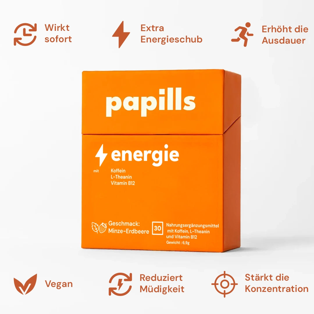 Papills Energie – Nahrungsergänzung mit Koffein, L-Theanin und Vitamin B12, Geschmack Minze-Erdbeere
